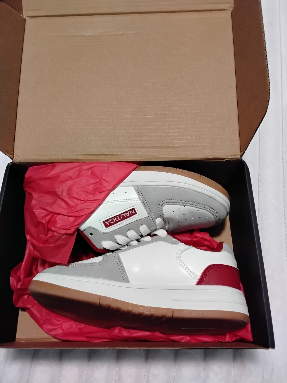 Nautica Boy''s White & Gray Low-Top Sneakers with Red Accent